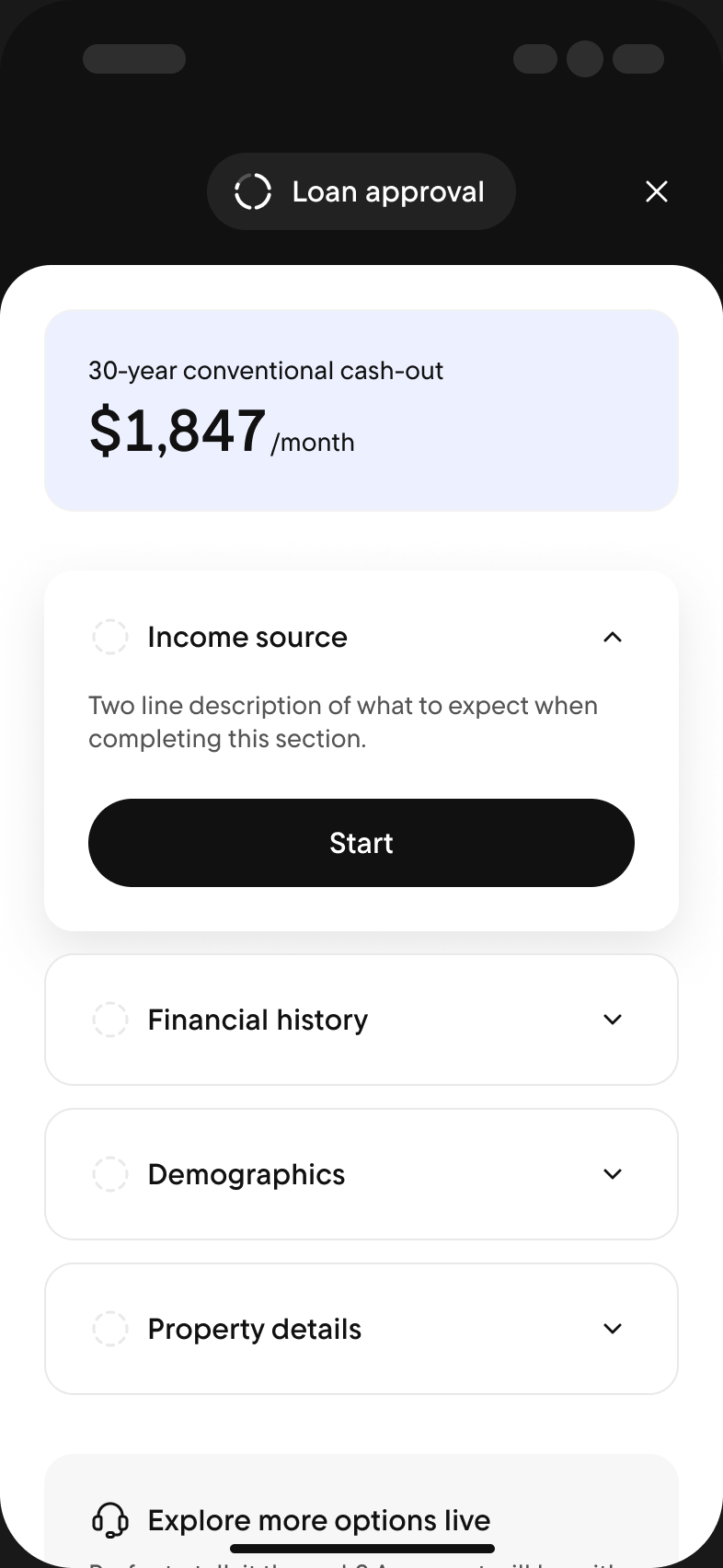 Loan approval accordion with Income source open and a Start button, under a 30-year conventional cash-out estimate of $1,847 a month
