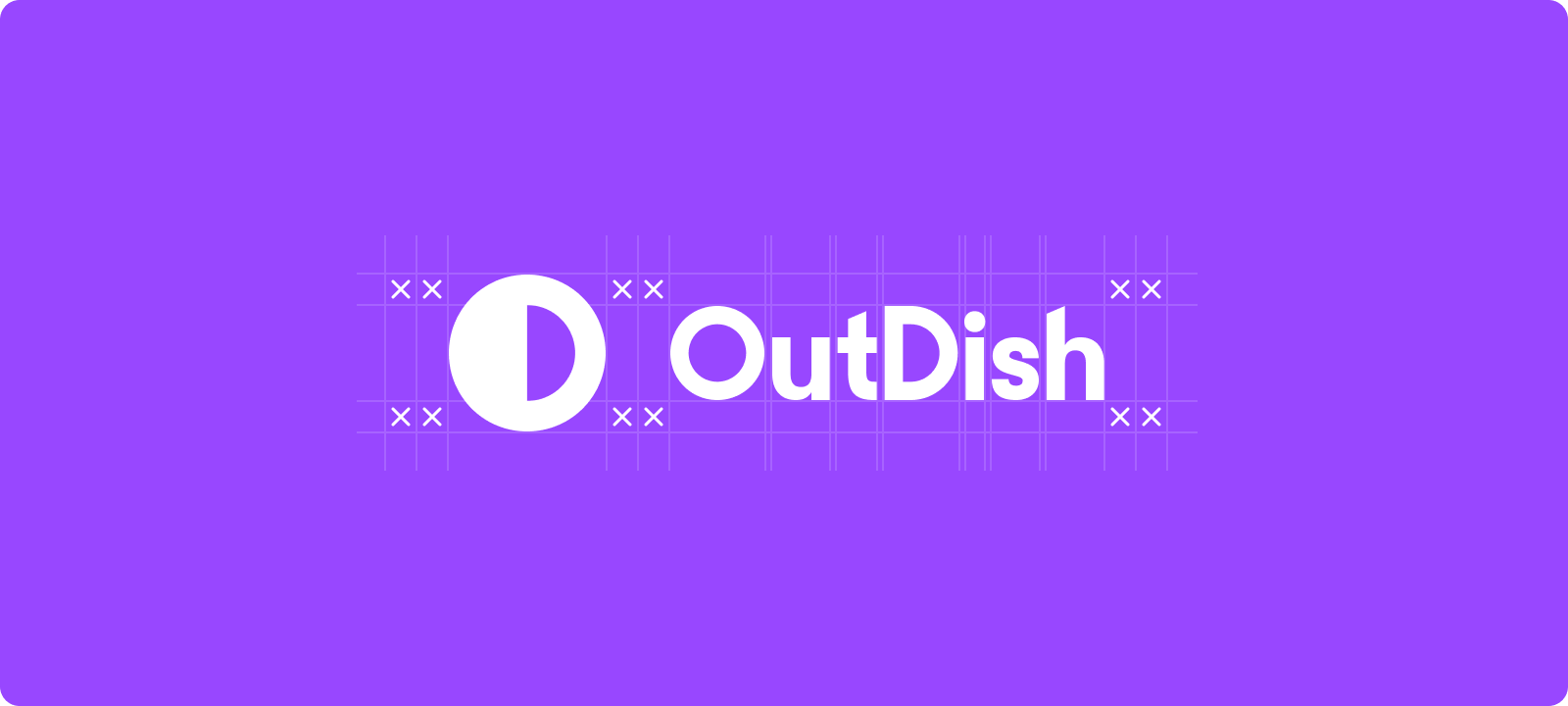OutDish icon and wordmark in white, reversed on the brand's purple, shown against its clearspace grid