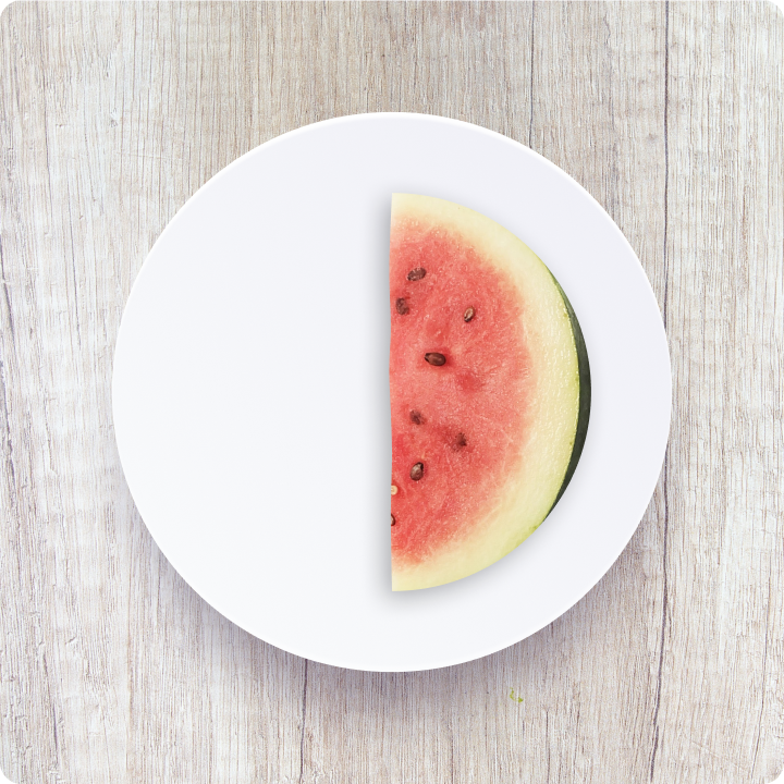A watermelon slice on a white plate, sliced to form the left half of the OutDish icon