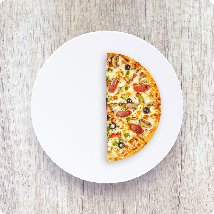 A pizza slice on a white plate, sliced to form the right half of the OutDish icon