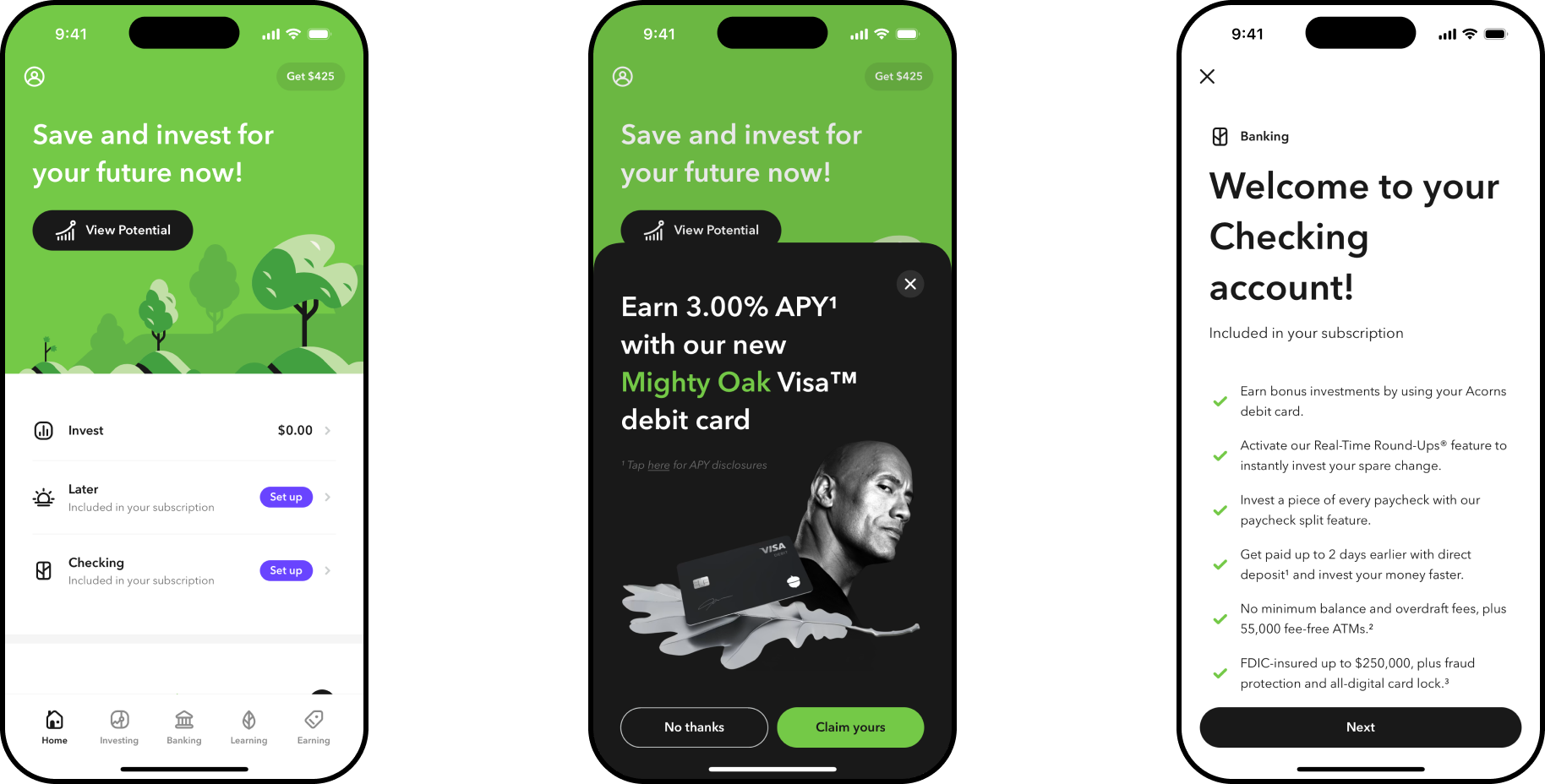 Home screen inviting the client to save and invest, a Mighty Oak debit card promotion, and a welcome-to-checking screen listing what's included