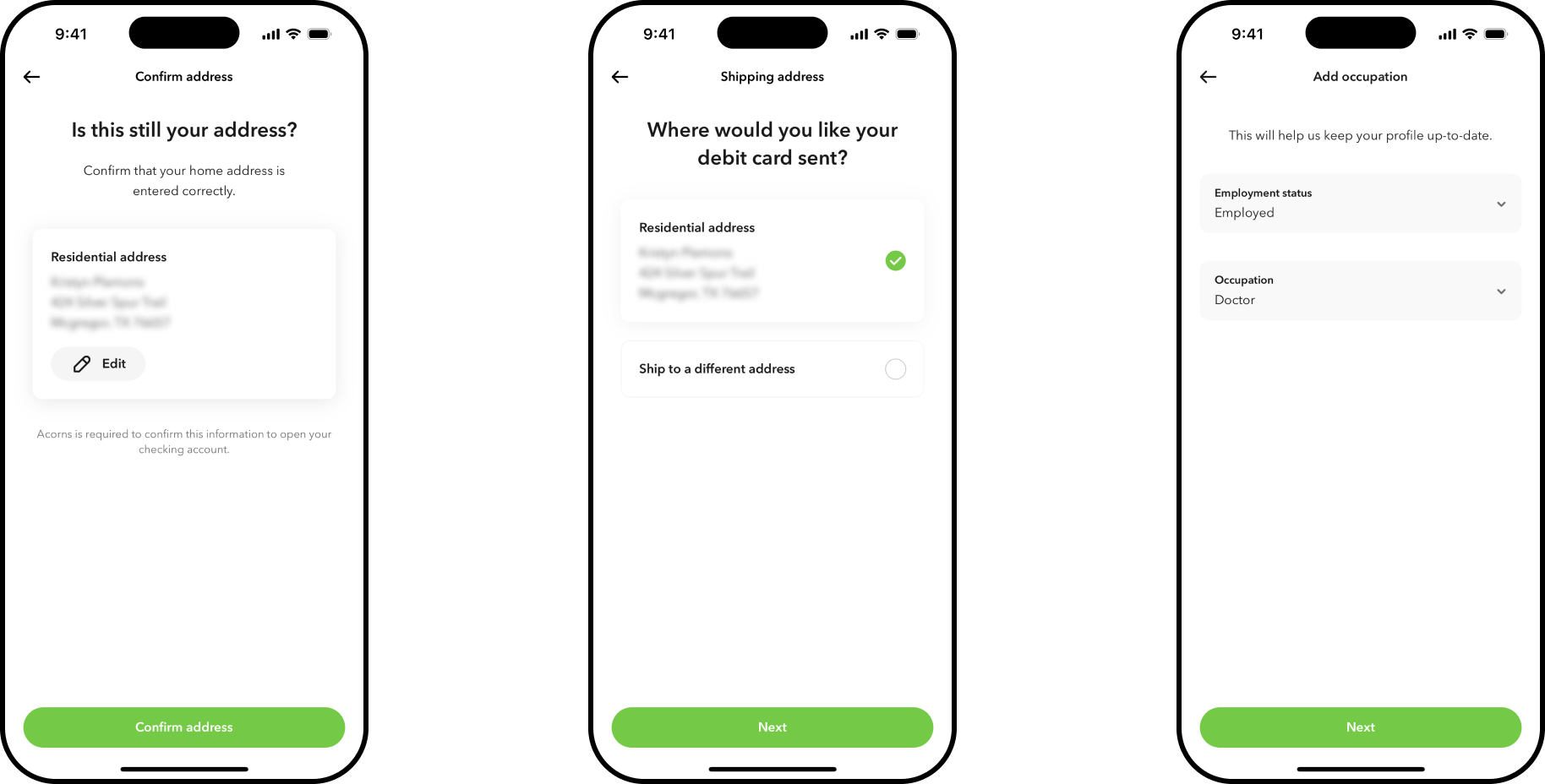 Confirming the client's home address, choosing a shipping address for the debit card, and adding employment and occupation details