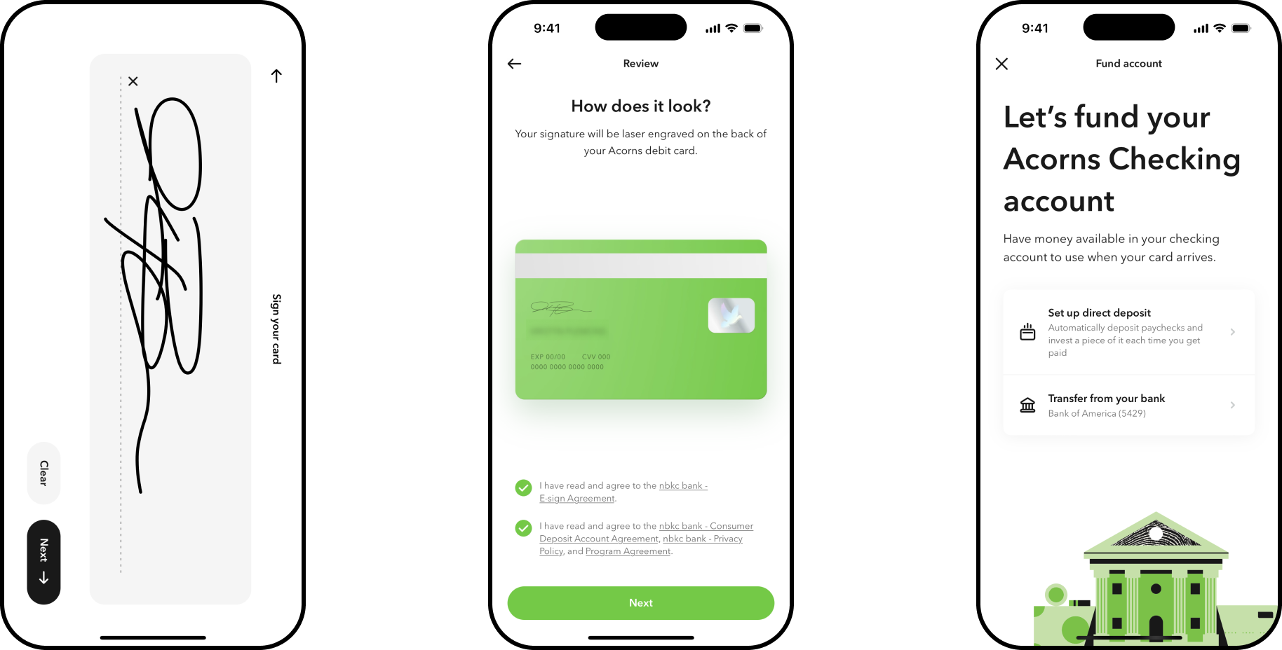 Signing the debit card, reviewing the card design with the signature engraved, and a screen inviting the client to fund their new checking account