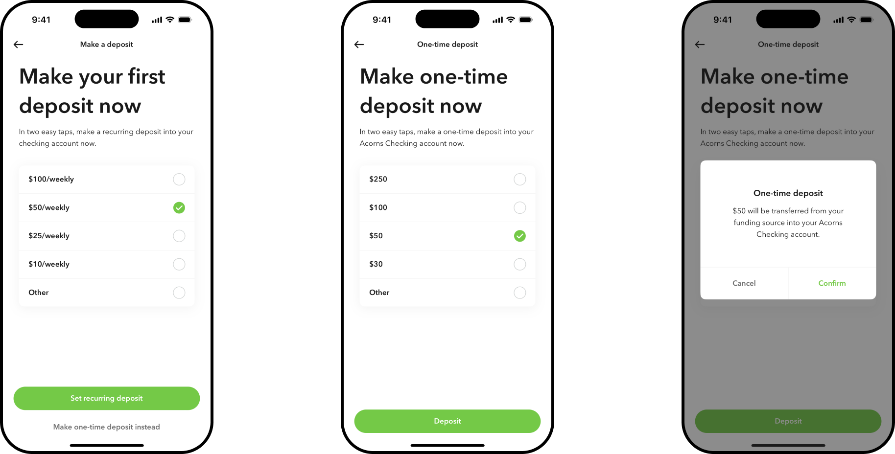 Choosing a recurring deposit amount, choosing a one-time deposit amount, and confirming the one-time deposit