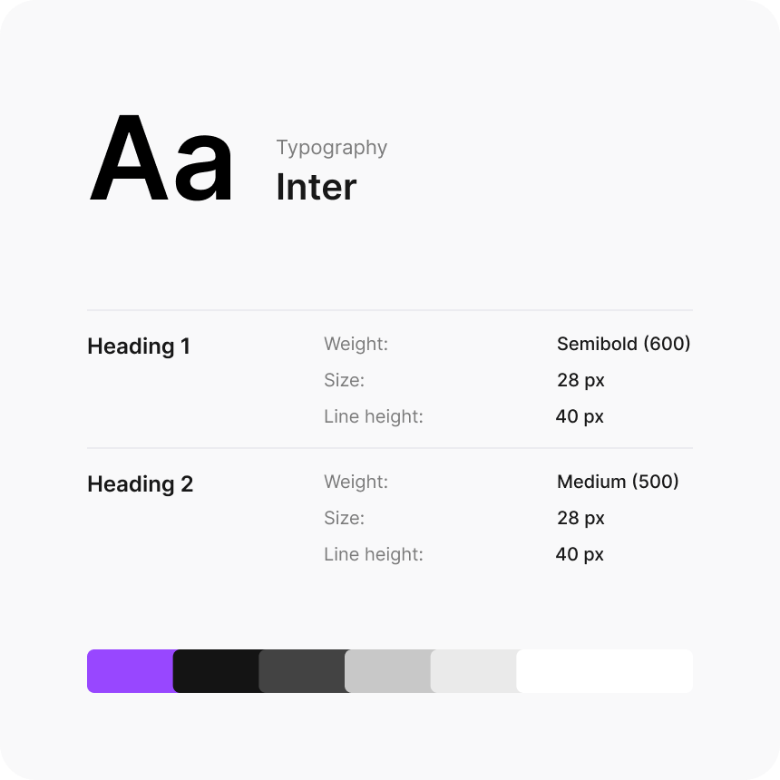 Inter type scale showing Heading 1 and Heading 2 specs, above a strip of the core color palette from black through purple to white