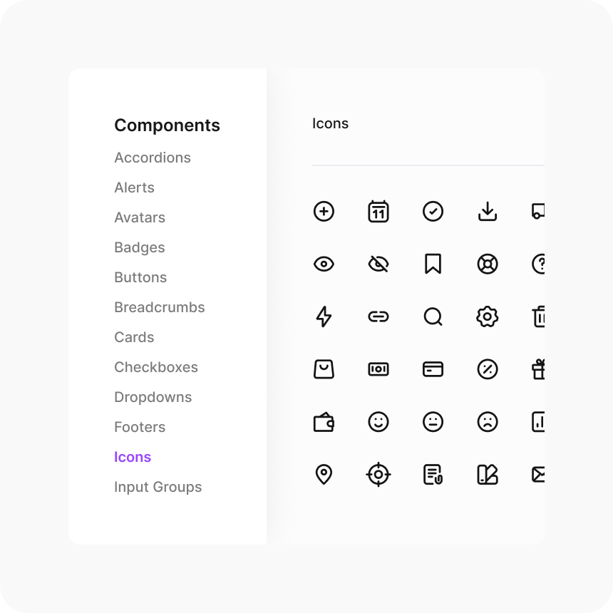 Component library sidebar listing accordions, alerts, avatars, badges, buttons, and more, with the icon set selected showing a grid of interface icons