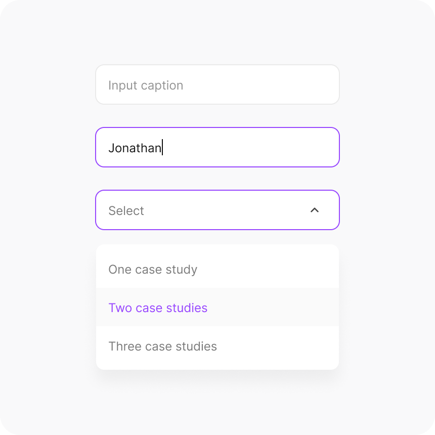 An empty input in its default state, a focused input filled with a name, and an open dropdown menu highlighting its selected option