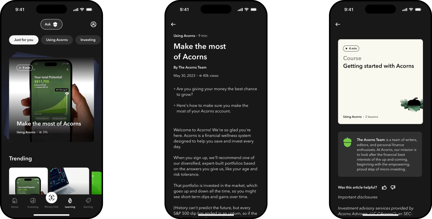 Learn Hub home with a trending 'Make the most of Acorns' article, the full article on getting the most from an Acorns account, and a 'Getting started with Acorns' course overview