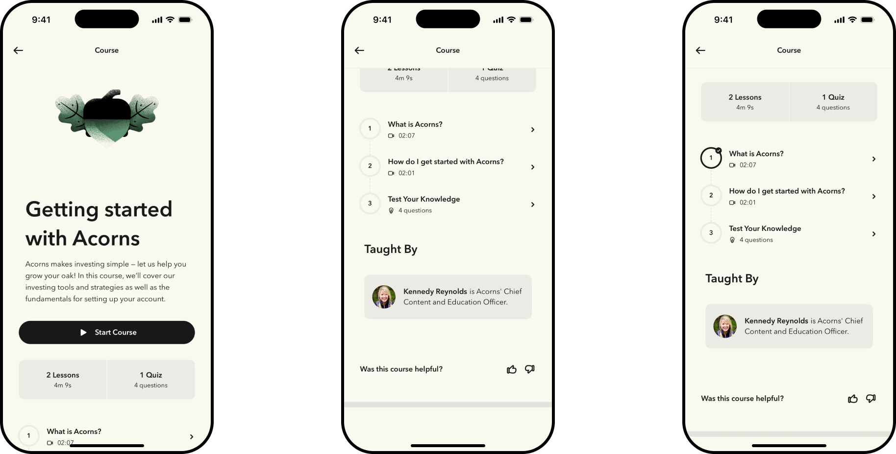 Course intro for Getting Started with Acorns with a Start Course button, the lesson list with two lessons and a quiz, and the first lesson in progress