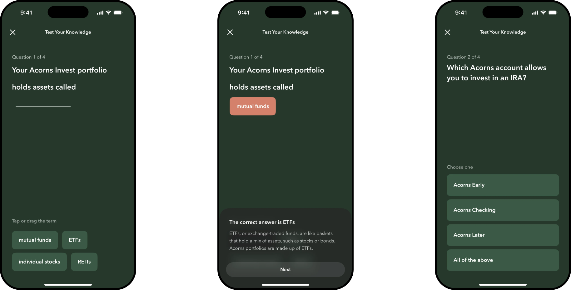 A drag-and-drop quiz question on Acorns Invest portfolio assets, the correct answer explained, and a multiple-choice question on which account allows investing in an IRA