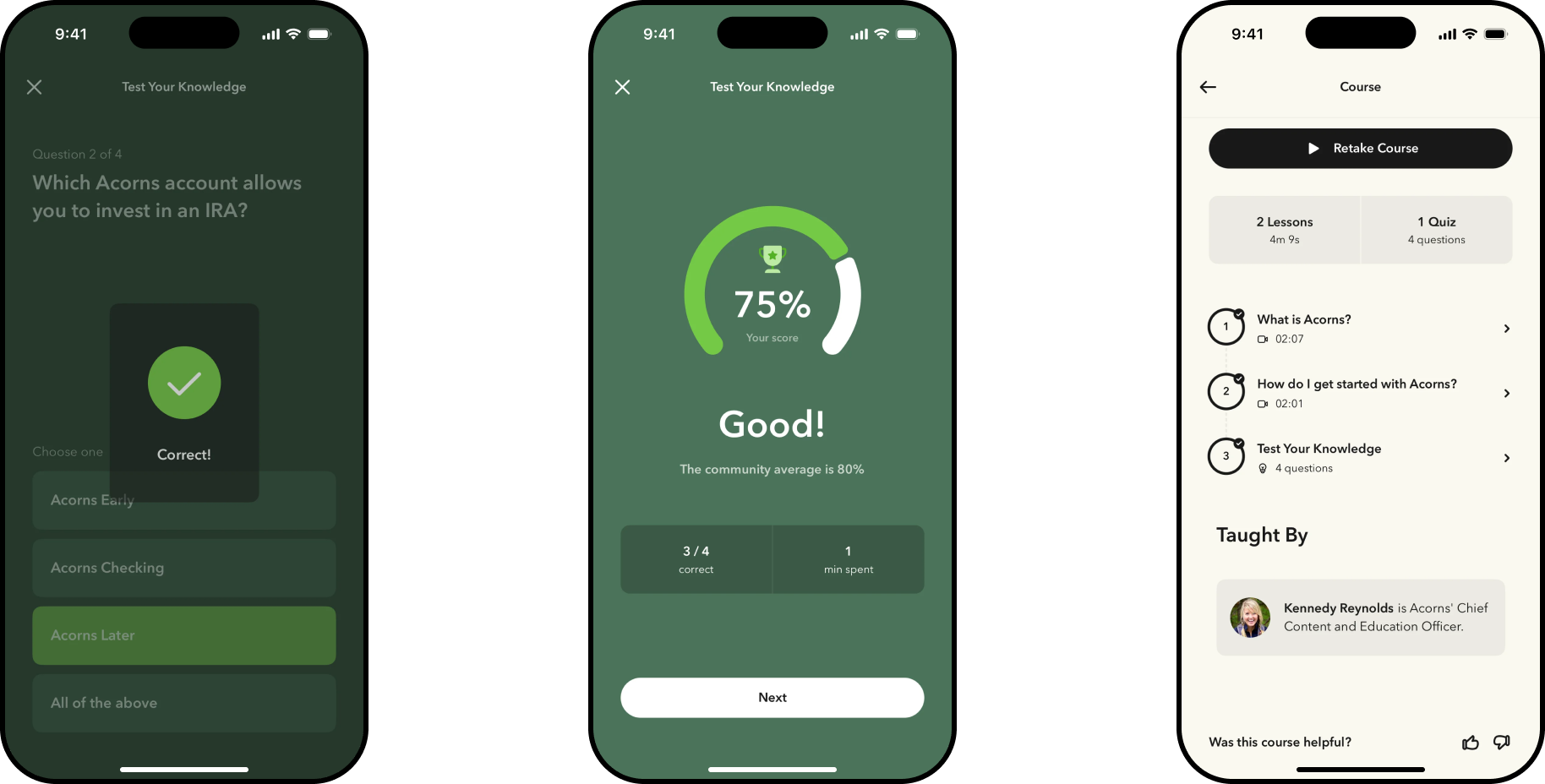 A correct-answer confirmation, a quiz results screen showing a 75% score, and the completed course with every lesson and the quiz checked off