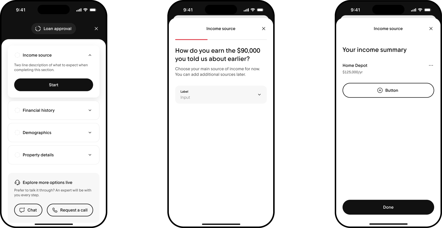 Loan approval accordion with income source expanded, a question asking how the client earns their income, and an income summary with income sources listed