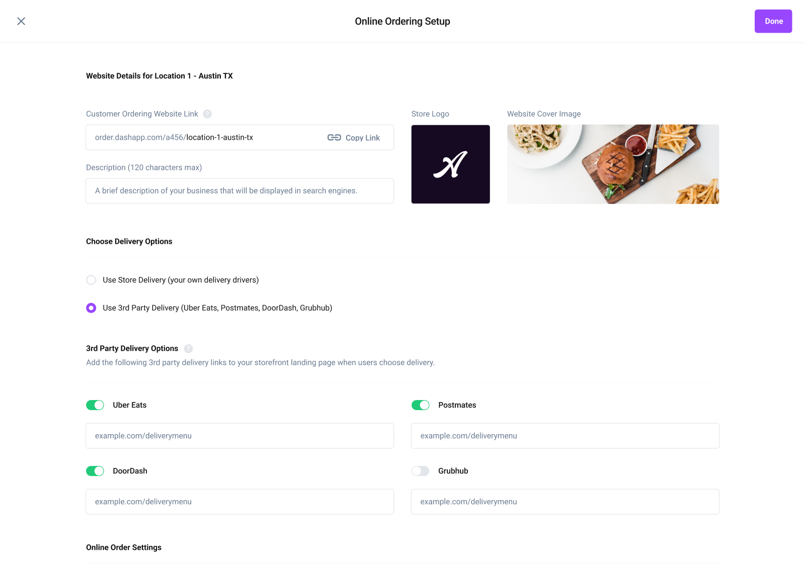 Online ordering setup screen with a customer ordering link, store logo, website cover image, and delivery options for Uber Eats, Postmates, DoorDash, and Grubhub