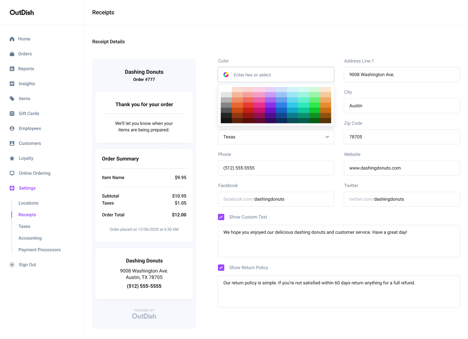Receipt settings screen with a live receipt preview, a color picker, store address fields, and custom text and return policy toggles