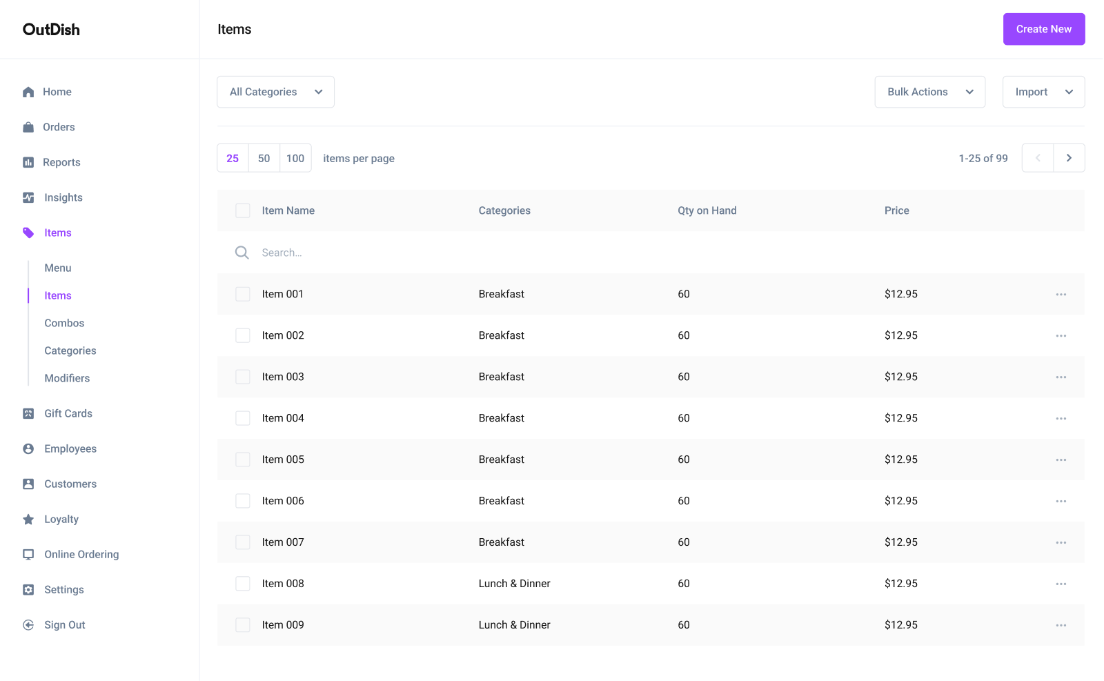 Items table listing 99 menu items with their category, quantity on hand, and price, with search and bulk actions above