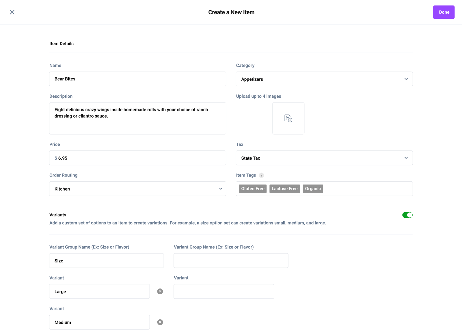 Create a new item screen with name, category, description, price, tax, order routing, item tags, and size variants