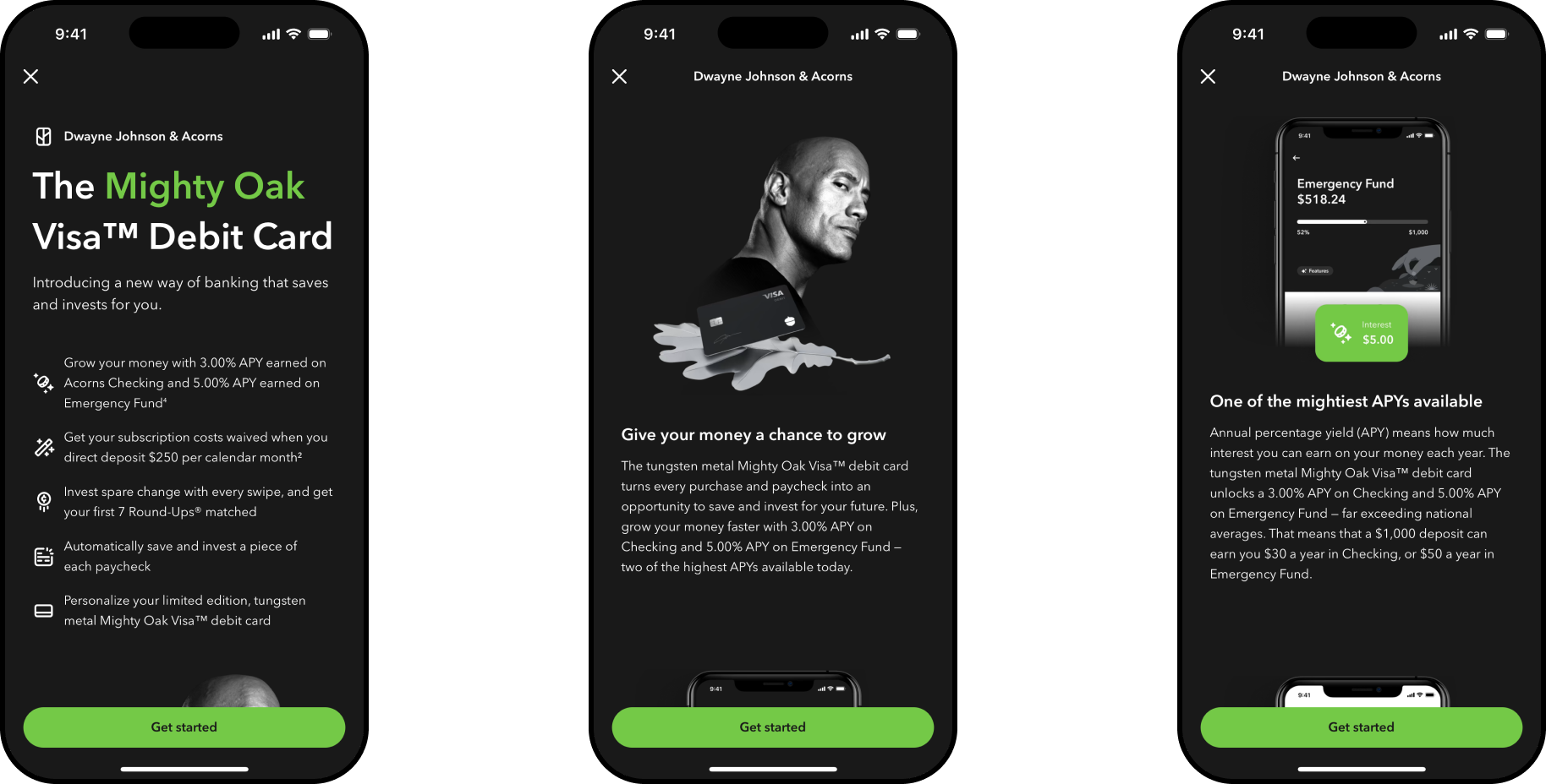 The Mighty Oak Visa debit card intro screen listing its benefits, Dwayne Johnson with the card on 'give your money a chance to grow,' and the card's APY explained against national averages