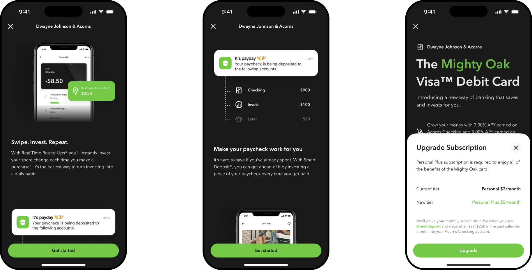 A real-time Round-Up on a Chipotle purchase, a paycheck split notification across Checking, Invest, and Later, and a subscription upgrade prompt for Mighty Oak's benefits