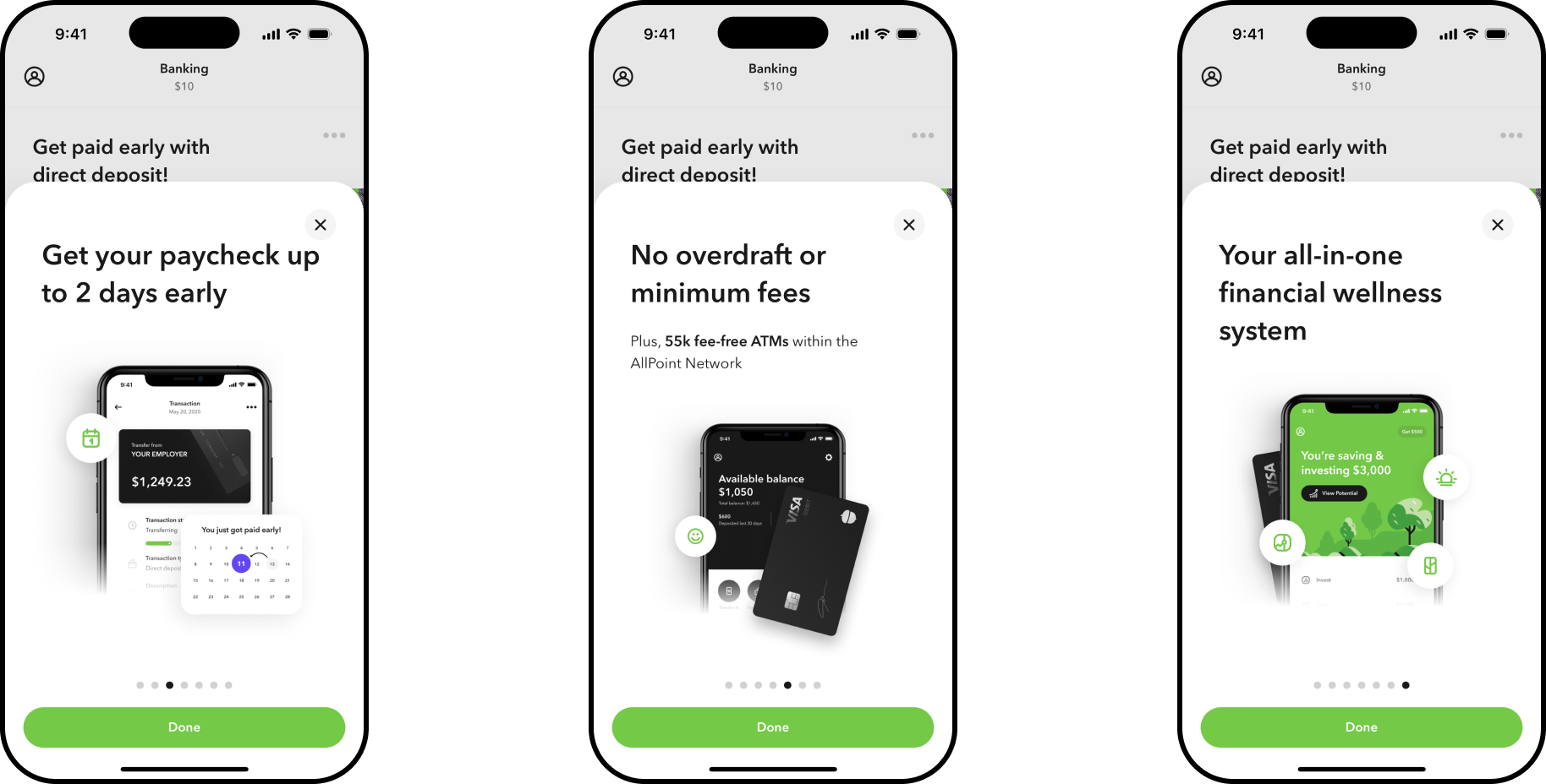 Onboarding prompts for getting paid up to two days early with direct deposit, no overdraft or minimum fees with 55k fee-free ATMs, and Acorns as an all-in-one financial wellness system