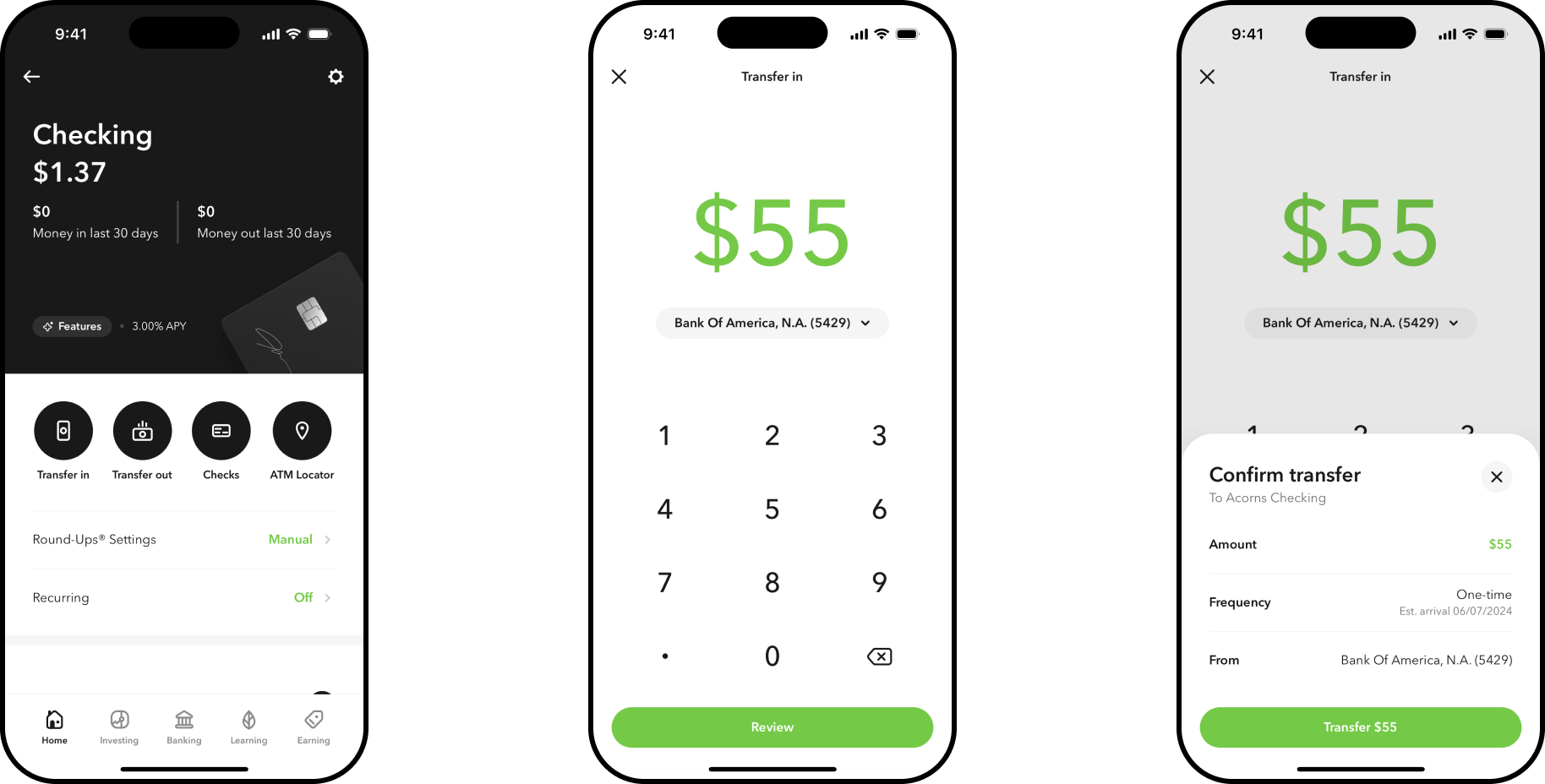 Checking home screen with interest earned and a save-and-invest-every-paycheck banner, a direct deposit setup screen with automatic distribution benefits, and Smart Deposit's suggested distribution across Invest, Later, Early, and Checking