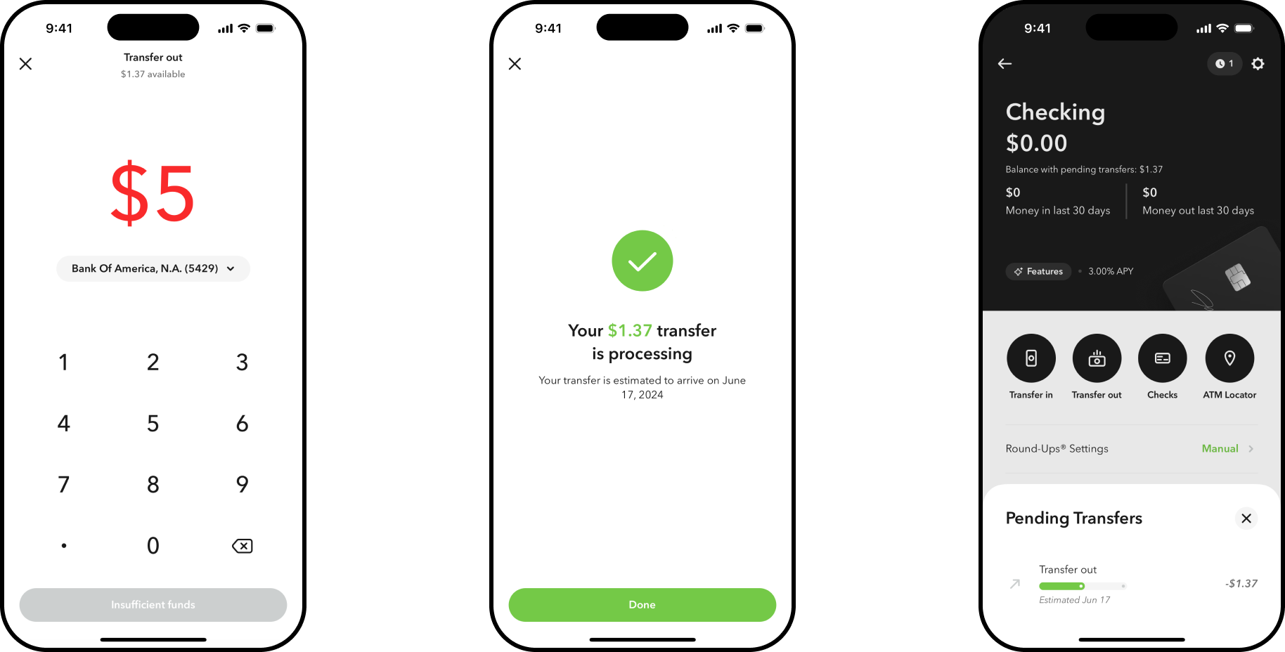 Checking home screen with account balance and transfer shortcuts, a transfer-in amount entry of $55 from a linked bank, and a confirm-transfer sheet with amount, frequency, and source account