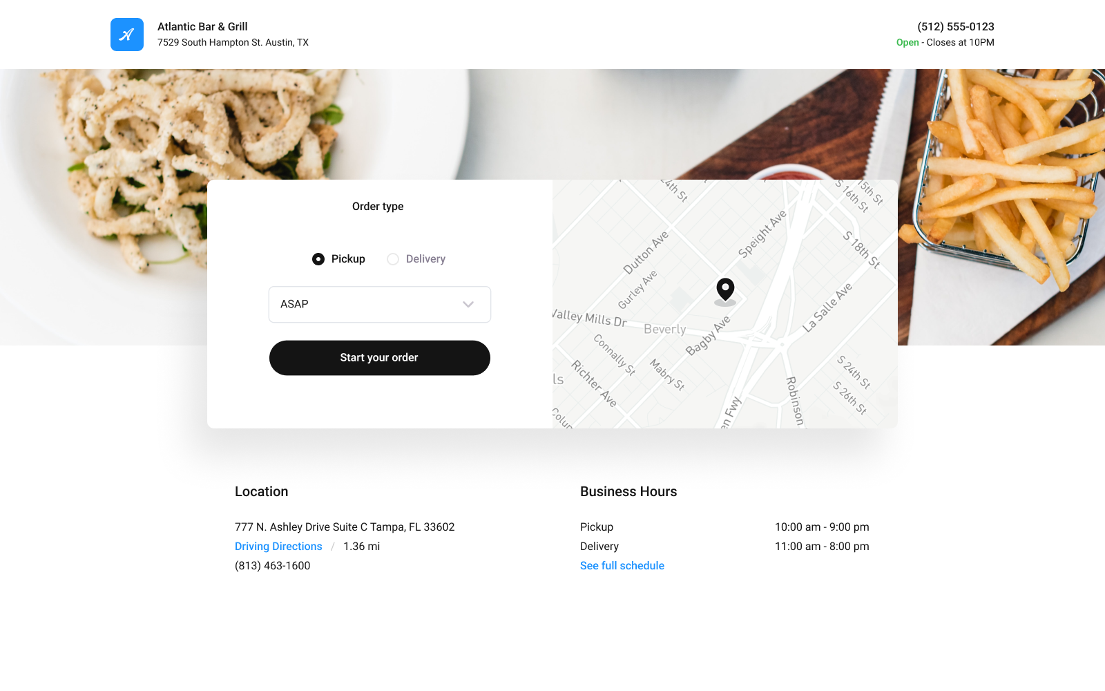 Store landing page with a restaurant's hero photo, pickup or delivery order type toggle, an ASAP start-your-order button, and a map of the location