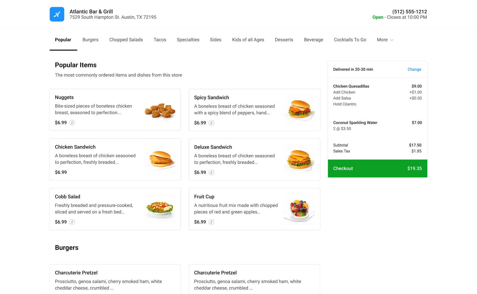 Storefront menu browsing popular items with photos and prices, alongside a running cart summary with subtotal, tax, and checkout total