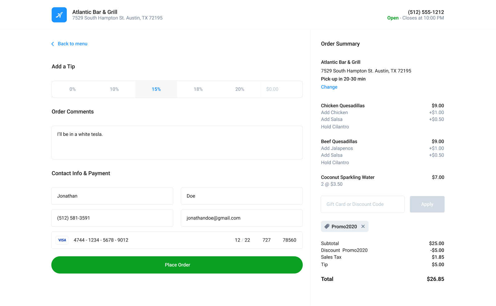 Checkout screen with a tip selector, order comments, contact and payment fields, and an order summary with a discount code applied