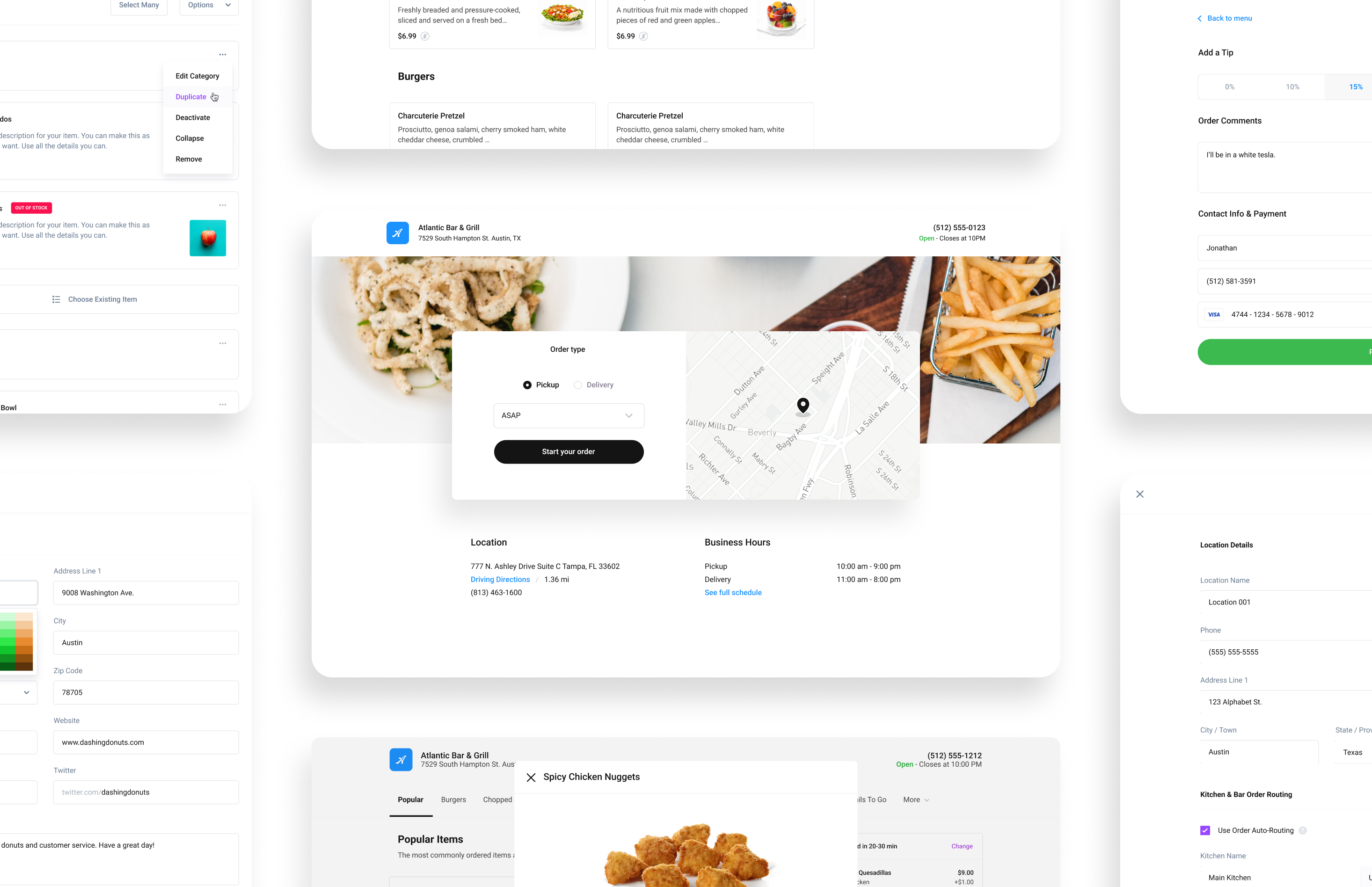 Collage of OutDish screens across the merchant dashboard, customer storefront, and marketing site