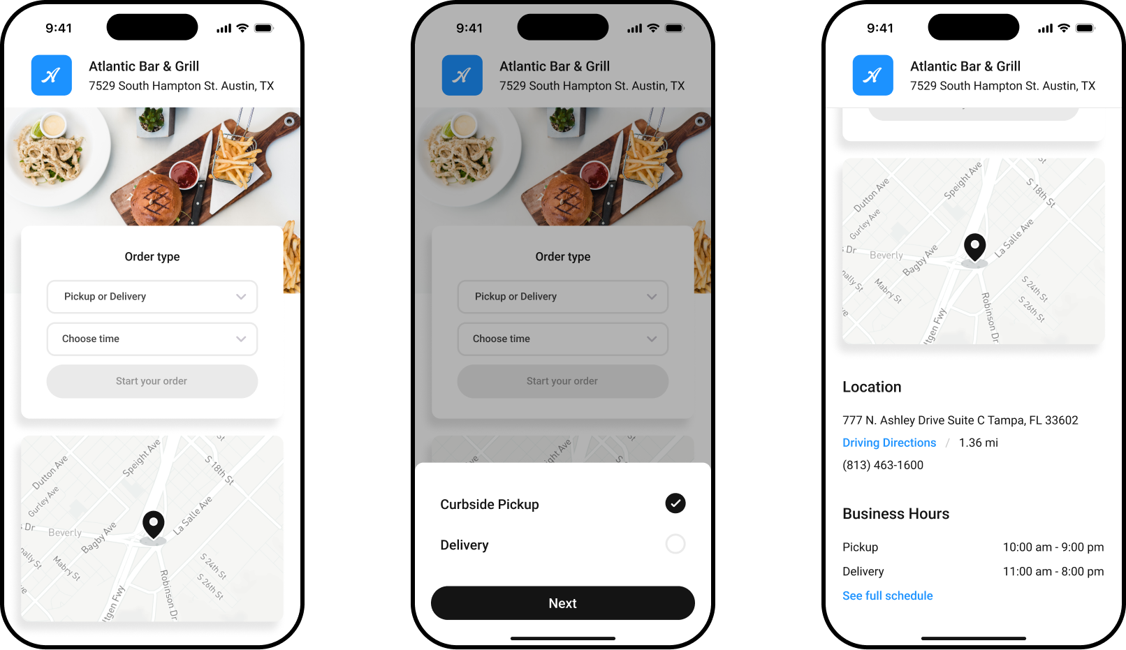 Mobile store landing page with an order type and time picker, a pickup-or-delivery choice, and the location map and business hours
