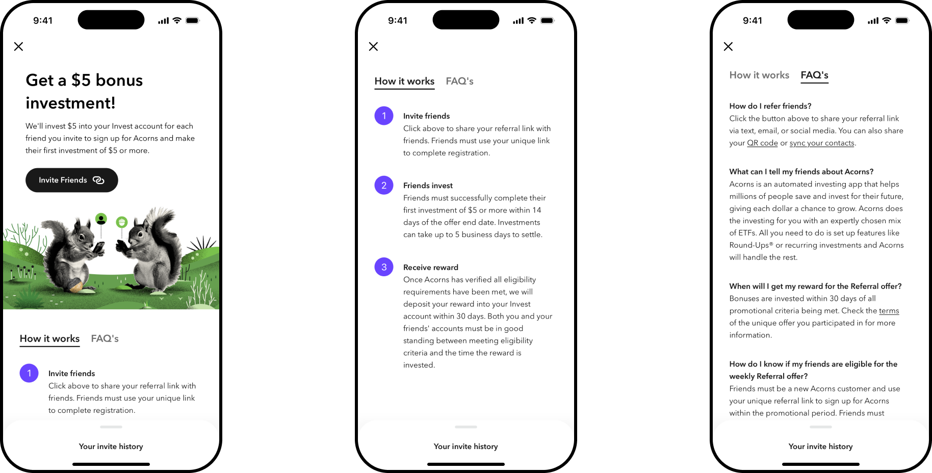 Referral screen offering a $5 bonus investment with an Invite Friends button, How It Works with its three numbered steps, and the FAQ tab answering common referral questions