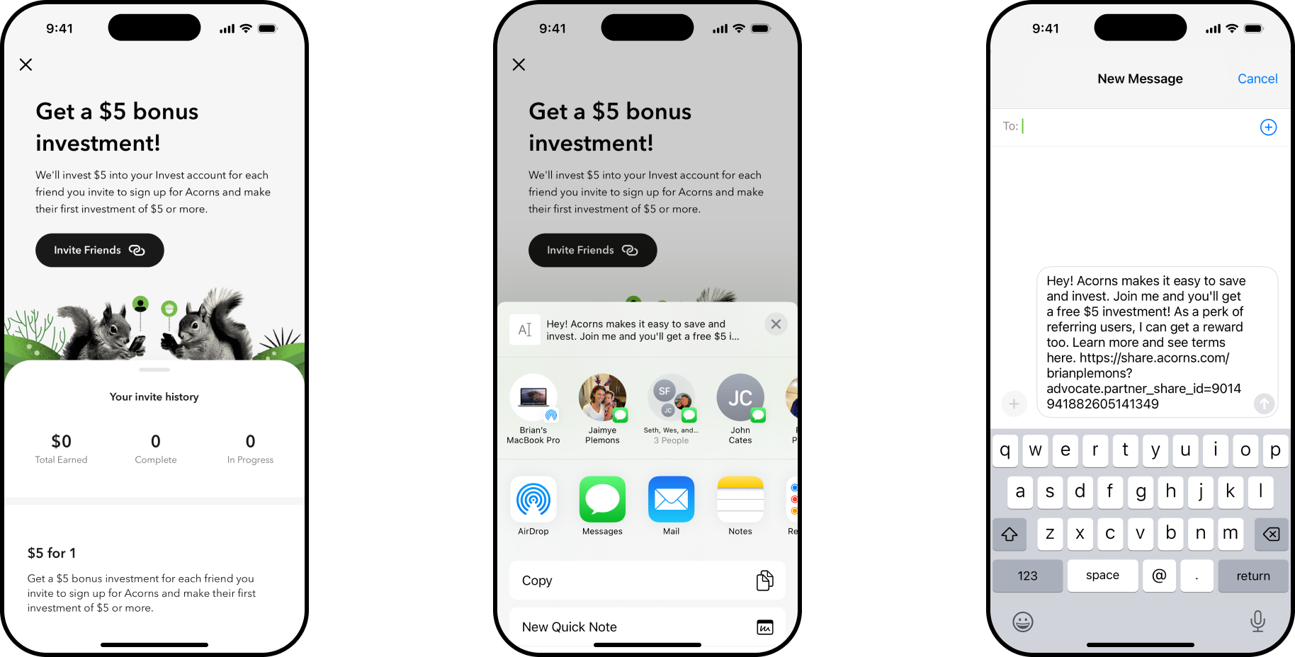 Referral screen with invite history showing total earned, complete, and in-progress counts, a share sheet with AirDrop, Messages, and Mail, and a text message pre-filled with the referral link