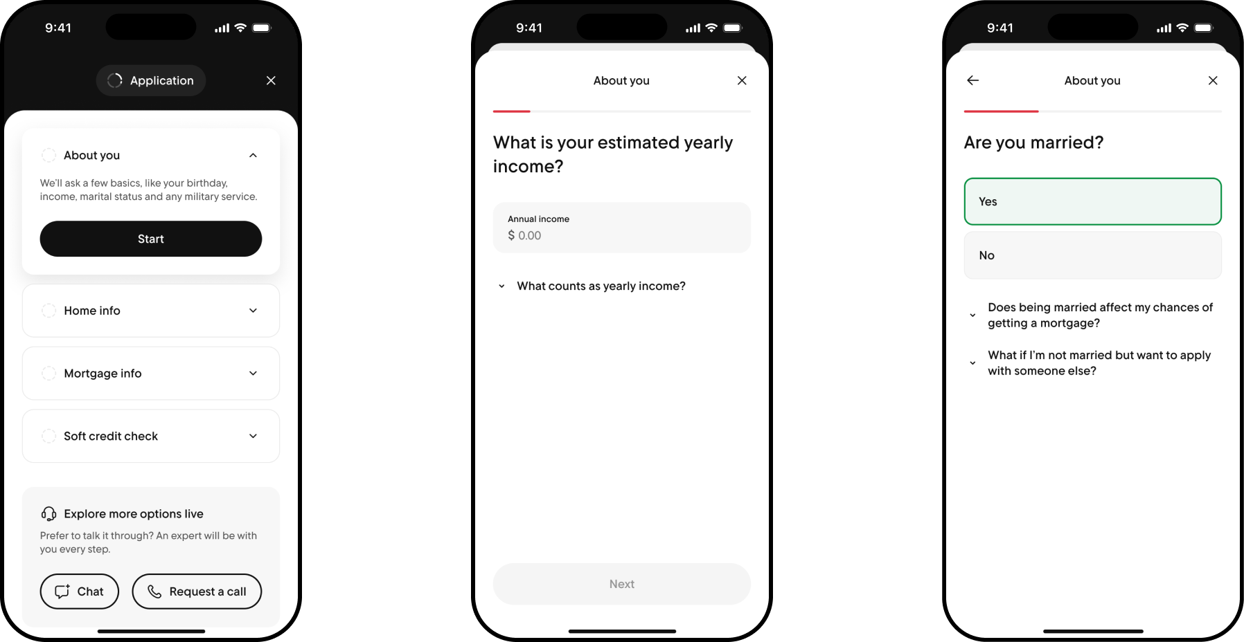 Application accordion with About You expanded, a form asking estimated yearly income, and a question asking if the client is married