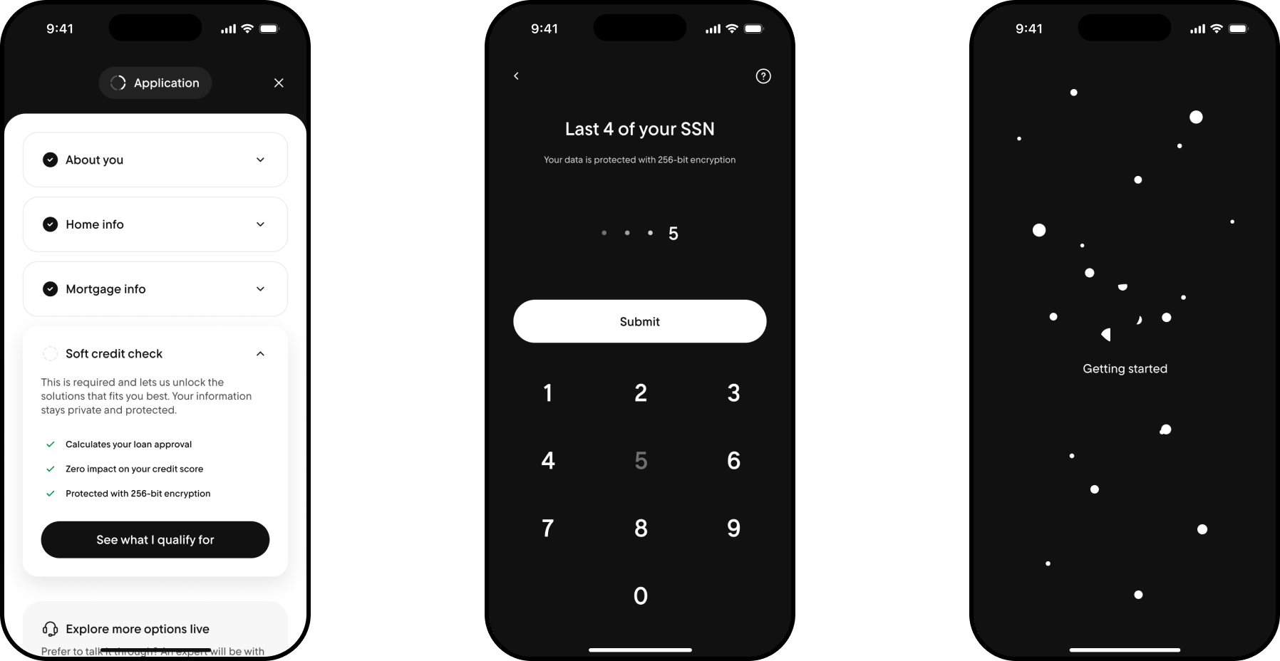 Mortgage Info complete with Soft credit check expanded, a screen collecting the last 4 of the client's SSN, and a getting-started loading screen