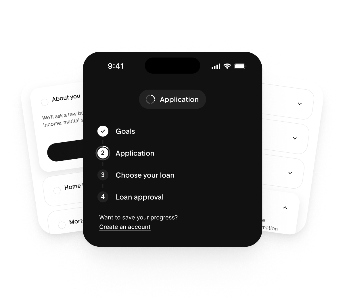 Application step progress overlay showing Goals complete and Application active, over an accordion with About You, Home Info, and Mortgage Info
