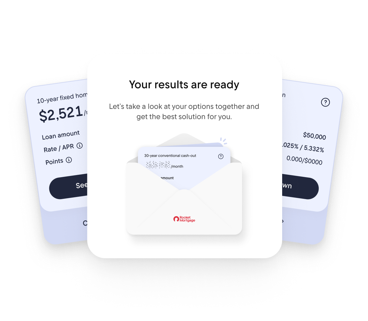 Results-ready envelope opening to reveal a 30-year conventional cash-out loan, over cards comparing a 10-year fixed home equity loan and a customizable cash-out amount and rate