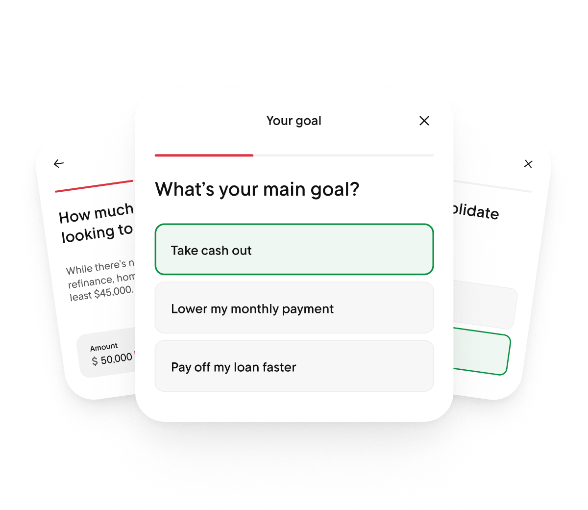 Goal question asking what the client's main goal is, layered over a how-much-cash-out question and a refinance date field