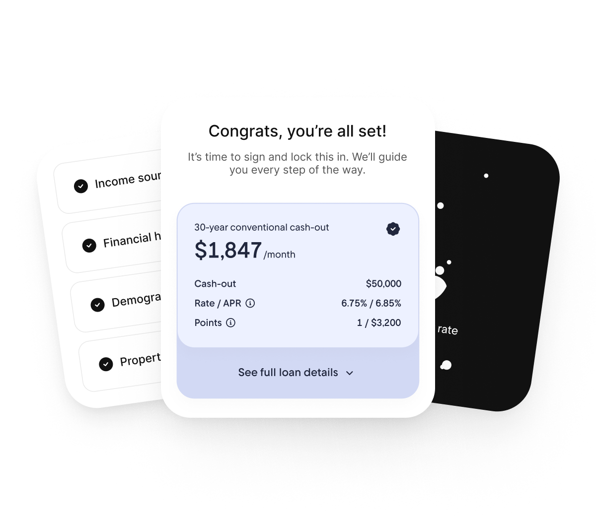 Congrats you're all set confirmation with a prompt to sign and lock, over a completed approval accordion and a locking-your-rate loading screen