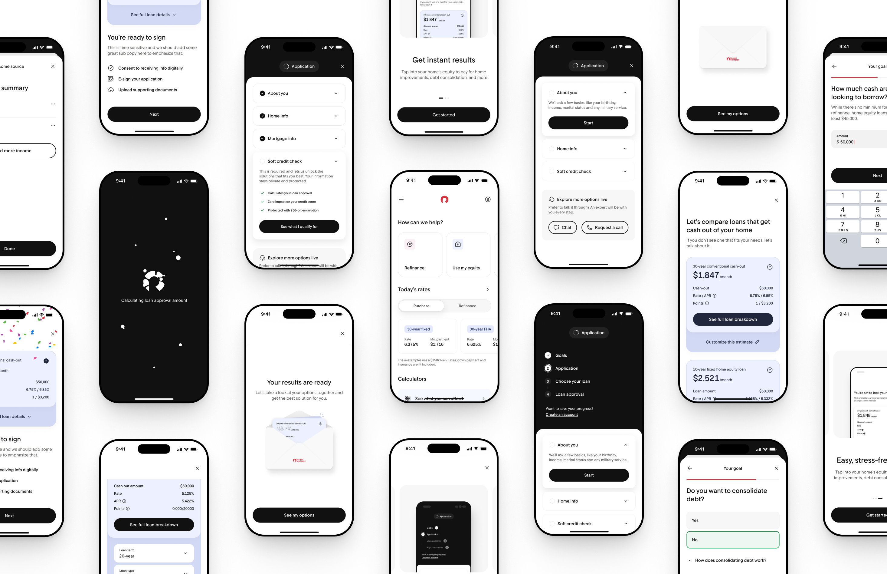 Collage of Rocket mortgage screens across application, approval, and closing