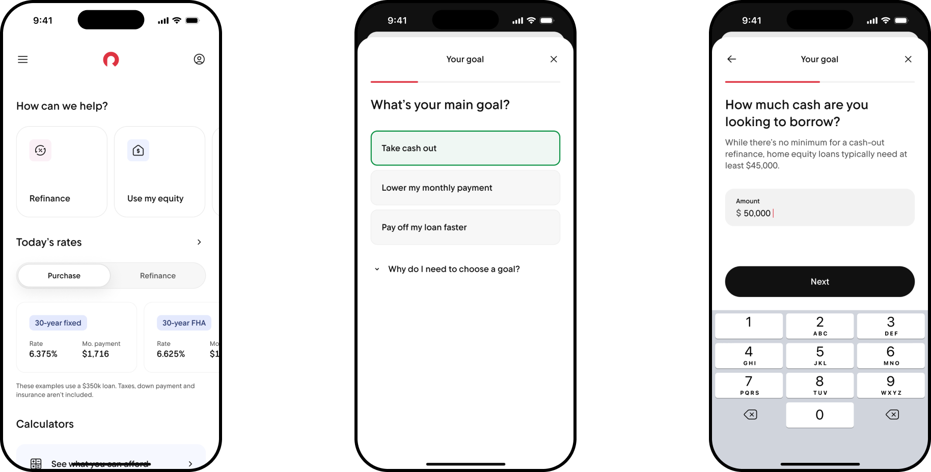 How can we help home screen with refinance and use-my-equity options, a goal question with take cash out selected, and a how-much-cash amount entry