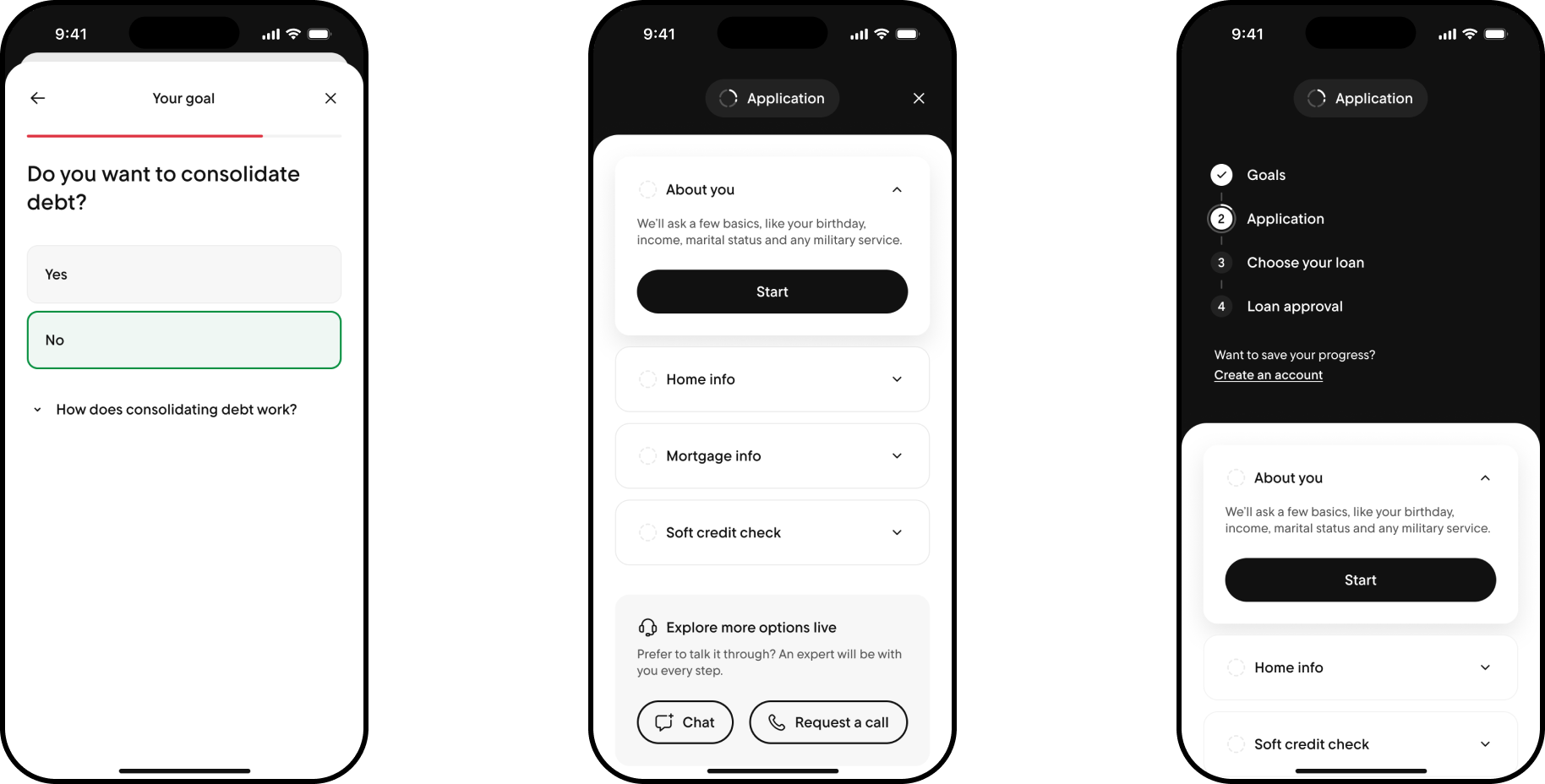 Goal question asking if the client wants to consolidate debt, the application accordion starting with About You, and the four-step application overview