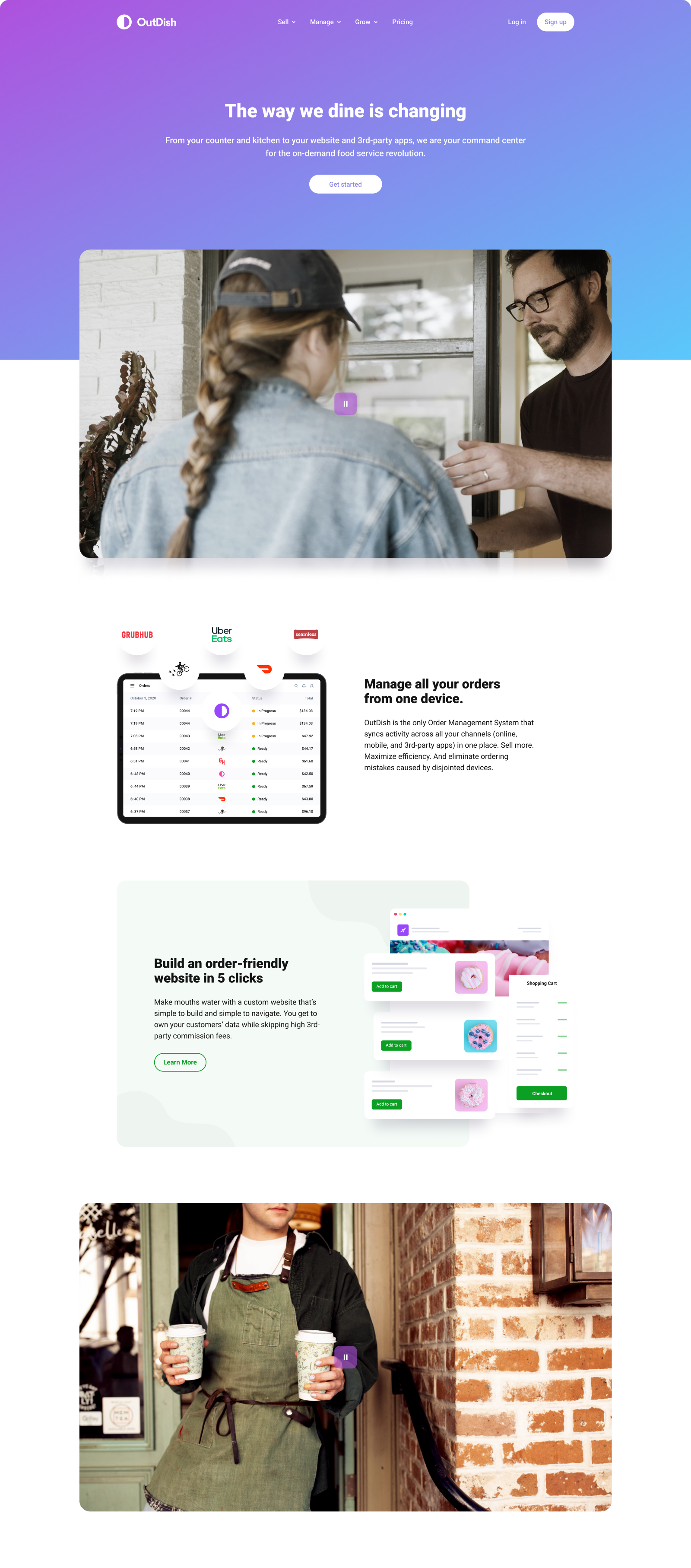 OutDish marketing homepage with a hero about the way we dine changing, a device that manages all your orders in one place, and a five-click order-friendly website builder