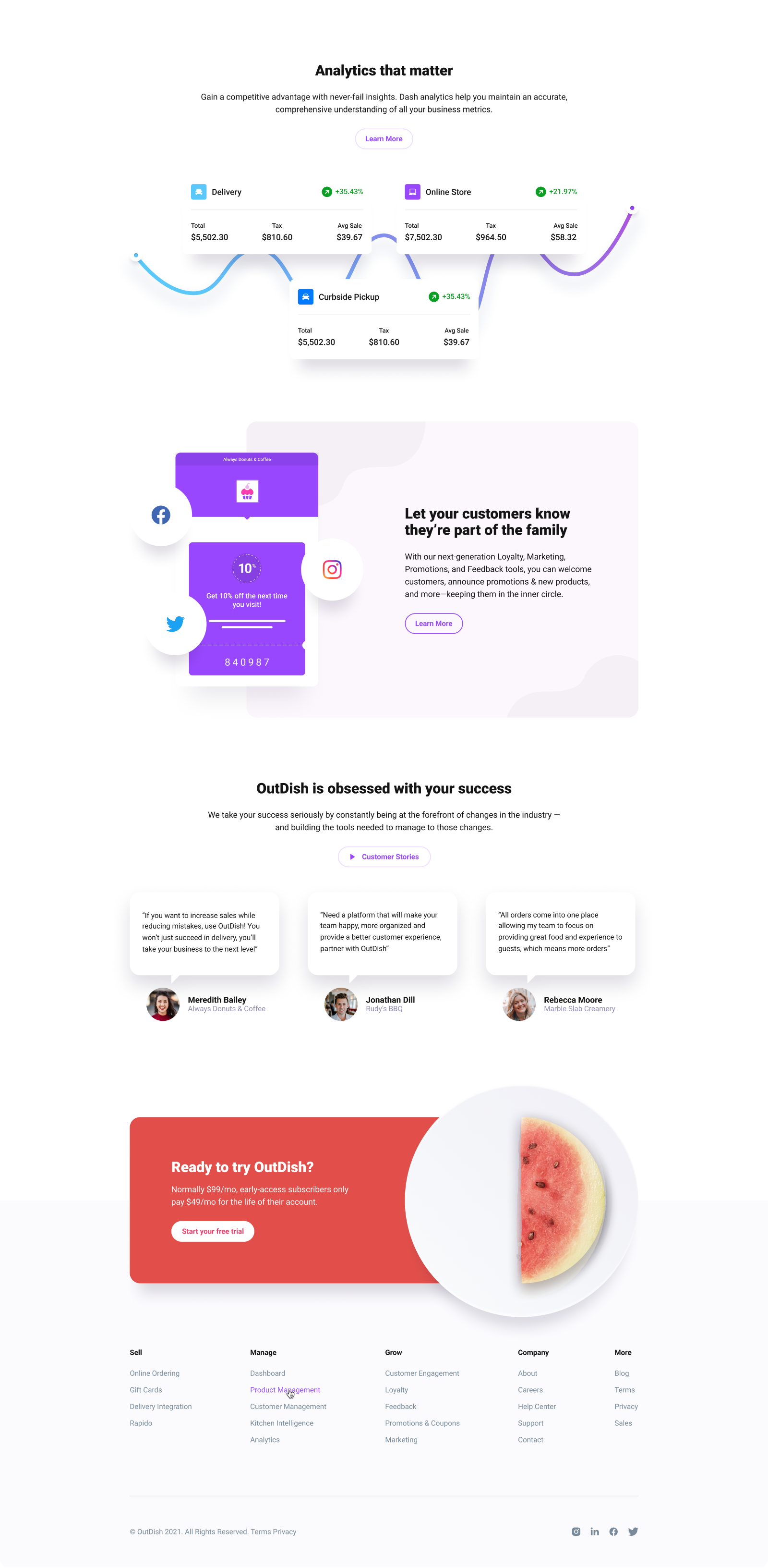 The rest of the OutDish marketing homepage with analytics across delivery, online store, and curbside pickup, a customer loyalty section, customer testimonials, a free-trial call to action, and the site footer