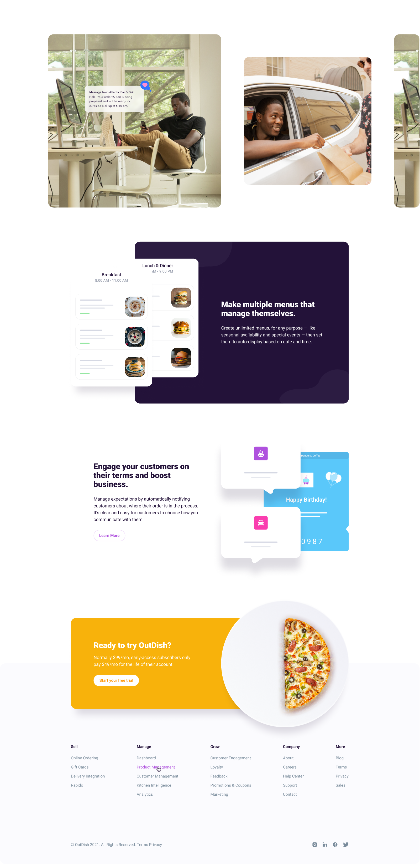 The rest of the OutDish landing page with customer photos, menus that schedule themselves, customer messaging, a free-trial call to action, and the site footer